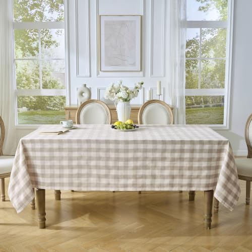 Beige Gingham Tablecloth, 60 x 60 Inch Square, Checkered Tablecloth