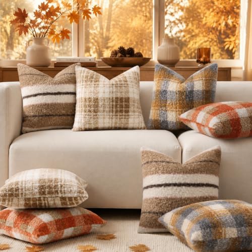 decorUhome Faux Fur Plaid Throw Pillow Covers 22X22 Set of 2 Burnt