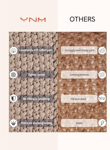 YnM Chunky Cotton Knit Throw Blanket, Cable Knit Throws for Bed Couch