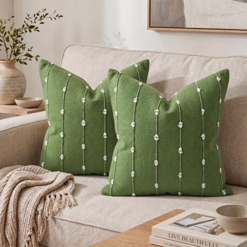 AVOIN colorlife Olive Green Boho Linen Throw Pillow Covers 22x22 Inch