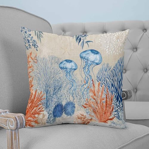 16x16 Pillow Covers Set of 2, Coastal Jellyfish Throw Pillow Covers