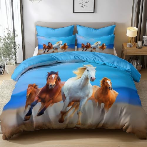 King Duvet Cover Set Soft Microfiber Running Horse Sky Blue