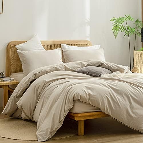 BESTOUCH Cotton Solid Duvet Cover Set Linen Feel Almond Milk Grey Twin