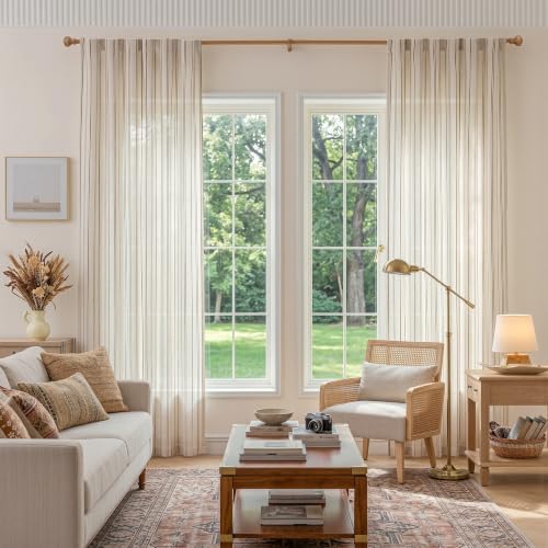 MYSKY HOME Light Brown Striped Linen Curtains for Living Room 96 Inch