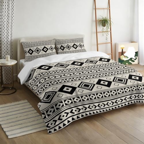 Boho Ethnic Tribe Duvet Cover Queen Size, Beige Zen Southwest Middle