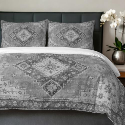 Duvet Cover Full Size, Grey Boho 3-Piece Bedding Quilt/Comforter