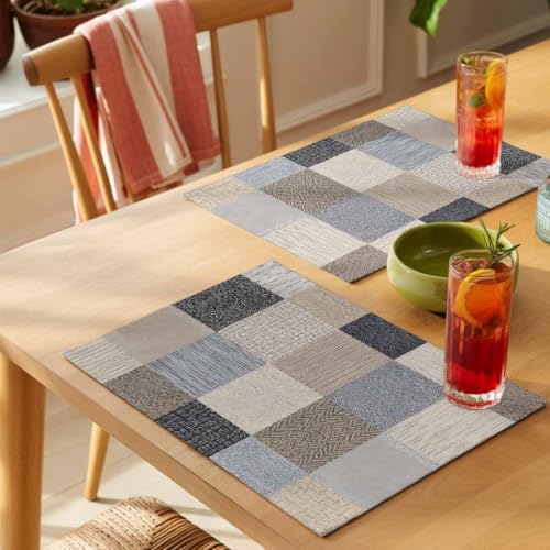 Khaki Grey Woven Placemats Set of 8, Modern Minimalist Patchwork Linen