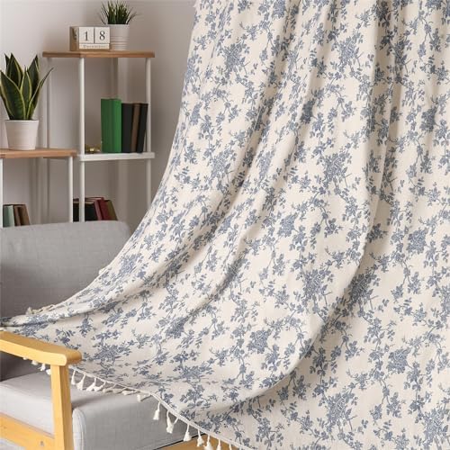1 Pair Blue Floral Linen Curtains Rustic Country Style Light Filtering