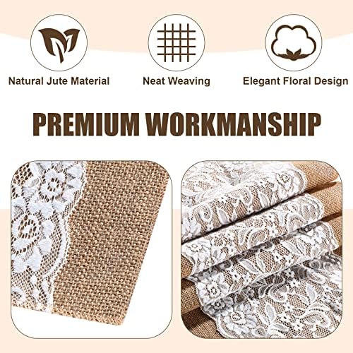 Tatuo 12 Pieces Burlap Table Runners with Lace 12 x 108 Inch Long