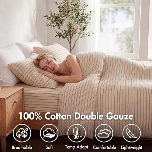Herside King Duvet Cover Set,100% Cotton Double Gauze,Beige Apricot