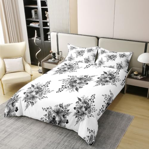 Erosebridal Grey Floral 100% Cotton Duvet Cover Queen Watercolor Boho