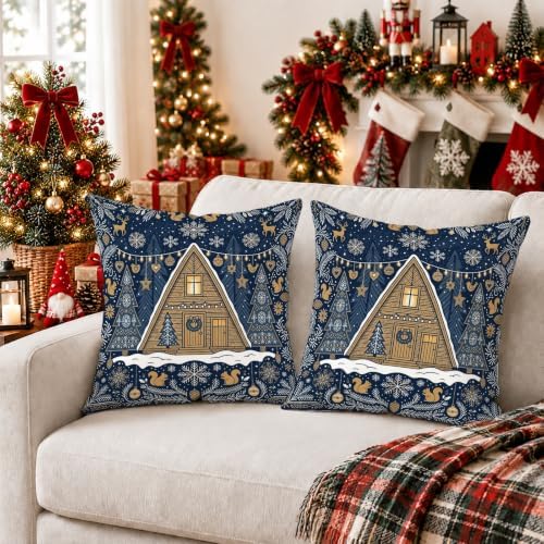 Rustic Winter Cabin Woodland A-Frame Throw Pillow Covers 18x18 Set of
