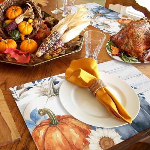 Placemats Set of 8, Fam Autumn Pumpkin Fall Leaves Washable Table Mats