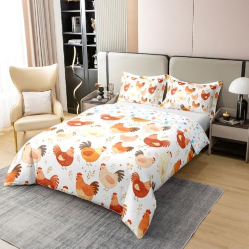 Manfei Hen Rooster Girls Bedding Set Twin Size 100% Cotton, Chicken