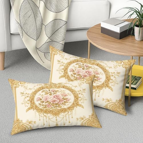 Elegant Floral Throw Pillow Covers Set of 2, Cream Gold Vintage Rose