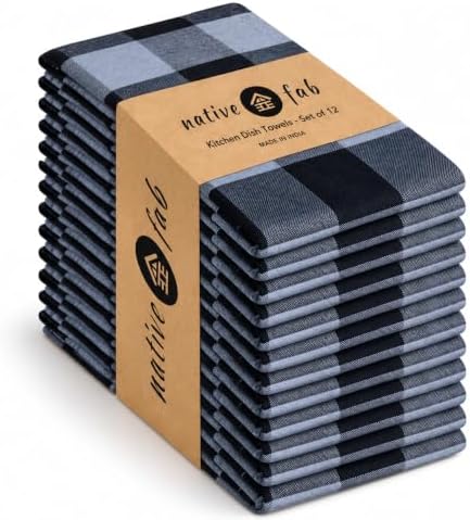 Native Fab 12 Pack Buffalo Check Kitchen Dish Towels, Cotton, Durable