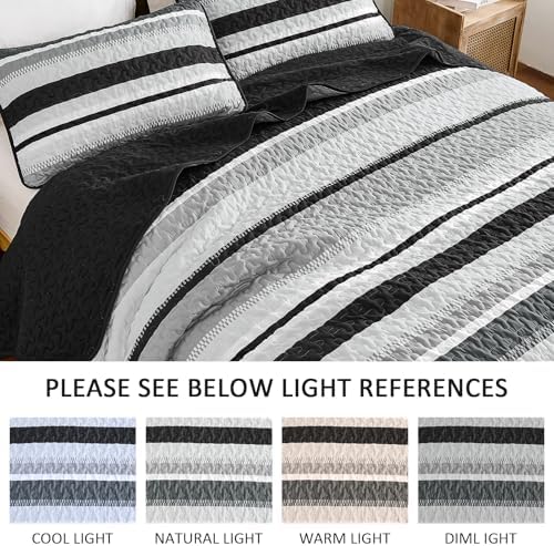 WONGS BEDDING Striped Quilts King Size Set, Black Lightweight