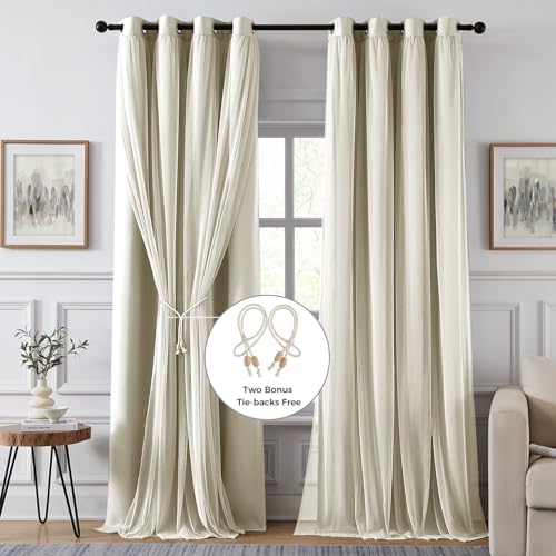 100% Blackout Curtains for Bedroom, Double Layer Beige 108" L
