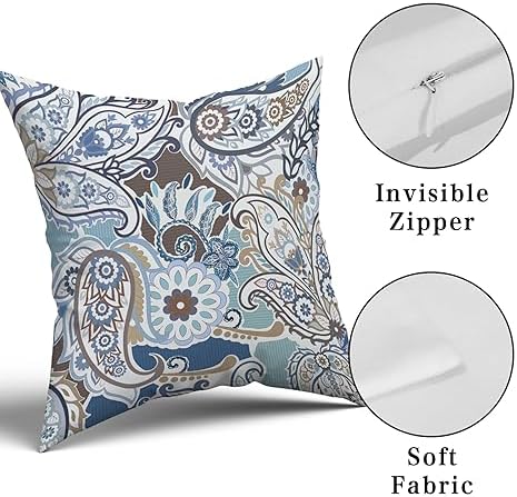 Paisley Pattern Pillow Covers 18X18 Inch Blue Brown Cream Square Couch