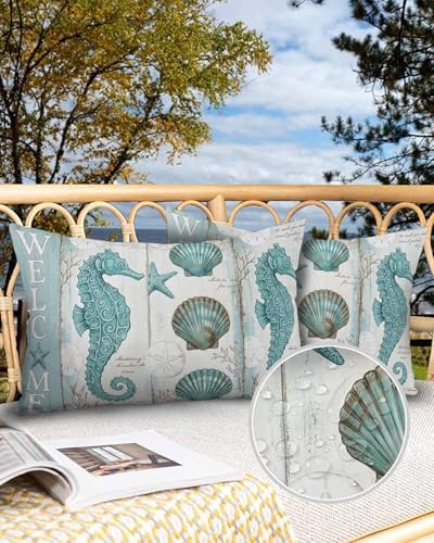 Outdoor Pillow Covers with Inserts,Teal Seahorse Waterproof Decorative