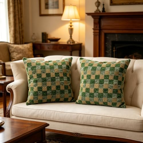 Set of 2 18x18 Inch Green Checkered Chenille Throw Pillow Covers, Boho