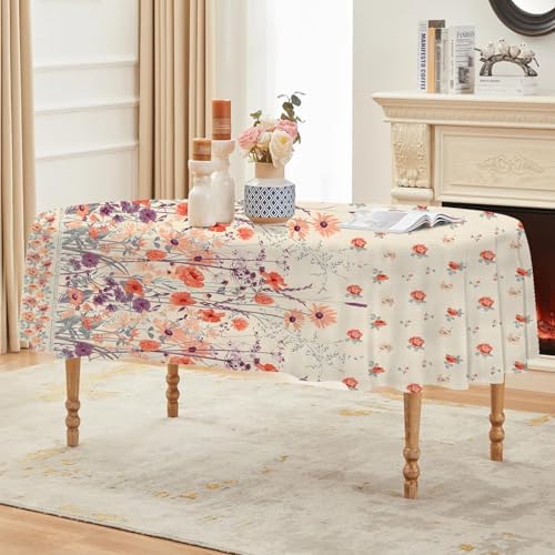 Orange Floral Print Oval Table Cloth, Waterproof Duty Vinyl Plaid