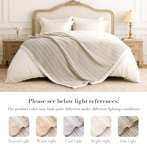 Amélie Home Striped Knit Chenille Throw Blanket, Beige 50×60