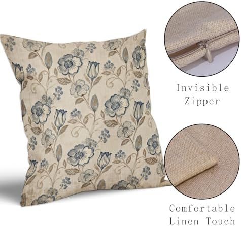 Brown Blue Floral Pillow Covers 22x22 Set of 2,Vintage Flower Print