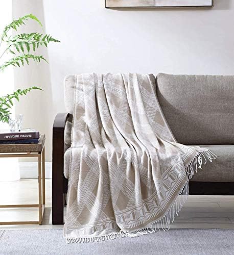 Woven Throw Blanket Taupe Geometric Reversible Super Soft Lightweight