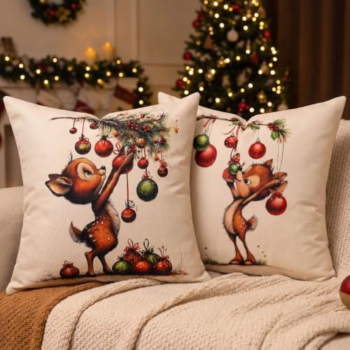 Christmas Pillow Covers 18x18 Ivory Red Deer Farmhouse Decor for Couch