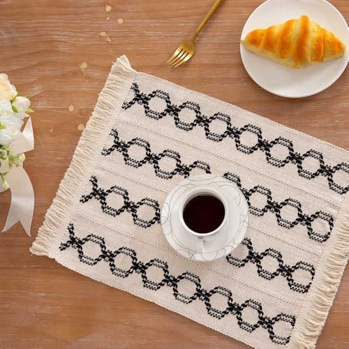 Boho Placemats Cotton and Linen Rectangular Beige Coasters Woven Black