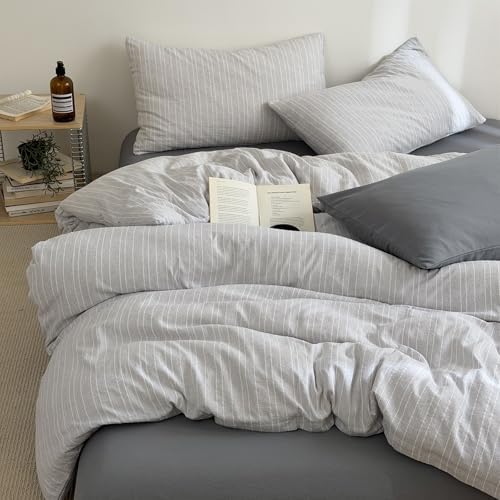 3Pcs Vintage Gray Striped Duvet Cover Set King Size Retro Textured