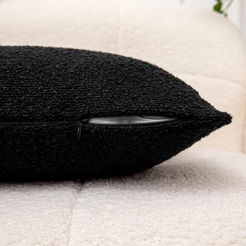 18x18 Black Boucle Throw Pillow Covers with Leather Accent, 2 PC
