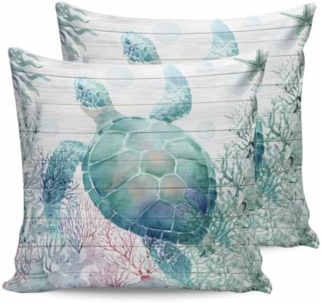 20x20 Pillow Covers Set of 2, Teal Sea Turtle Throw Pillow Covers