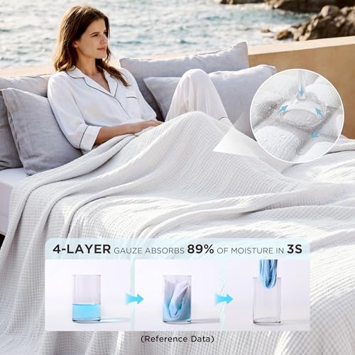 Bedsure 100% Cotton Muslin Blanket Queen Size for Bed, 4-Layer, White