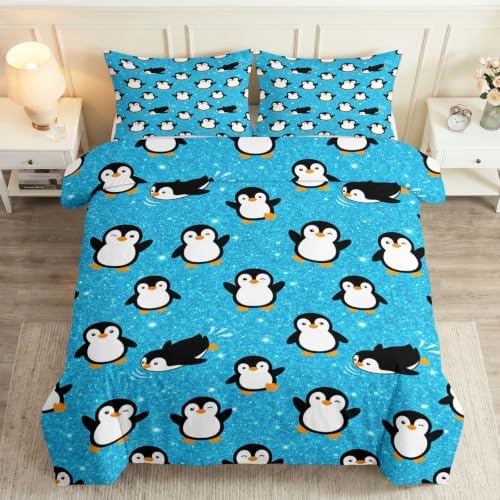 King Duvet Cover Set Soft Microfiber Cartoon Penguin