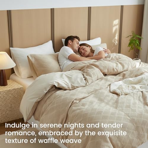 BISELINA 100% Cotton Waffle Weave Duvet Cover Set Queen Size 3 Pieces
