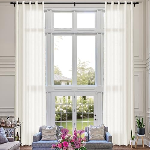 Fcosie Ivory White Natural Linen Extra Long Curtain with Grommets Top