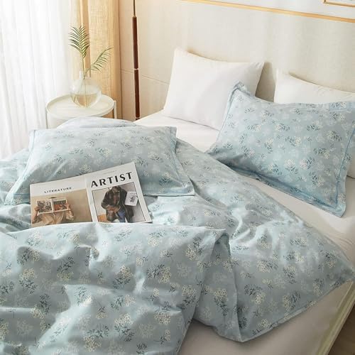 Blue Grey Flower Duvet Cover Set 100% Cotton Queen(90"x90"),White
