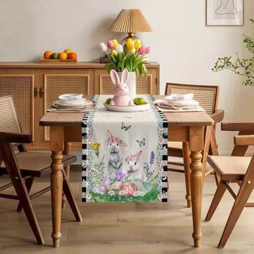 Table Runner 120 Inches Long, Spring Pastoral Flower Checkered Linen