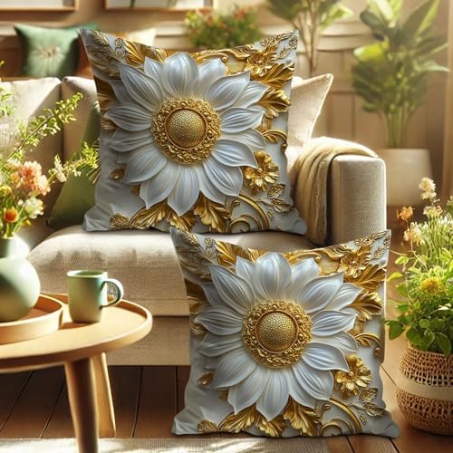 Elegant Floral Pillow Covers Set of 2, White and Gold 3D Flower Throw