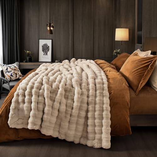 PHF Warm Faux Fur Twin Blanket, Ultra Soft Cozy, 60"x80", Oak
