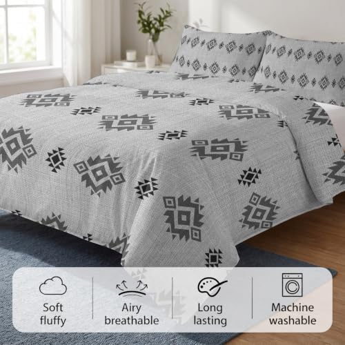 Grey Boho Duvet Cover Full Size, Western Ethnic Tribe Linen Texture