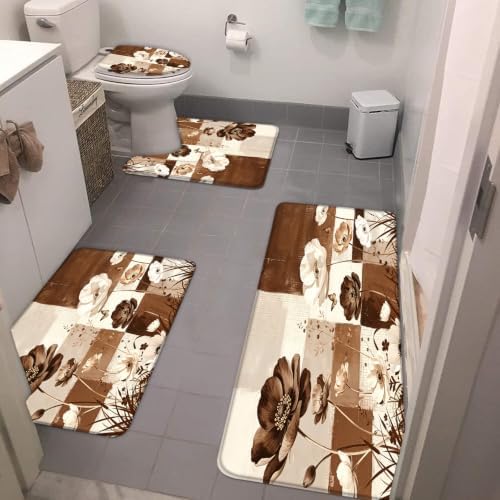 4PCS Abstract Brown Beige Flower Bath Mat Sets,L
