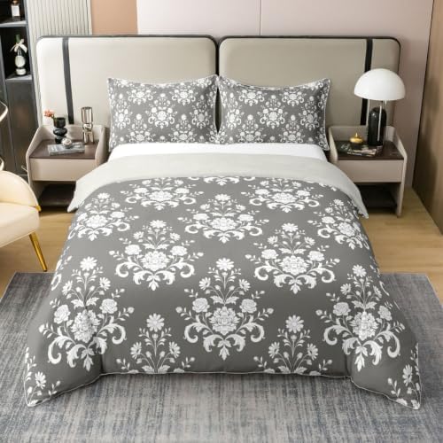 Feelyou Grey Floral Duvet Cover 100% Cotton Queen Size Boys Girls