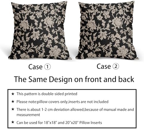 Black Floral Pillow Covers 20x20 Set of 2 Brown Cream Vintage Flower