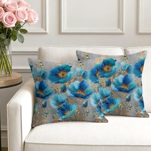 Set of 4 Blue Green Flowers Pillow Covers Modern Teal Gold Floral