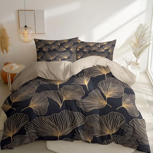 Duvet Cover King, Minimalist Line Art Plants Ginkgo Leaves Bedding Set