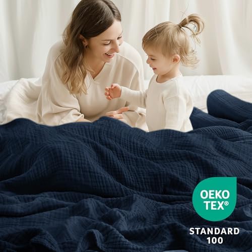 100% Cotton Muslin Blanket for Adults, 6-Layer, Queen, 90 x 90, Navy