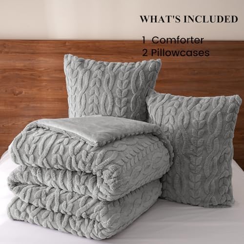PHF Fluffy Sherpa Fleece King Comforter Set, Grey